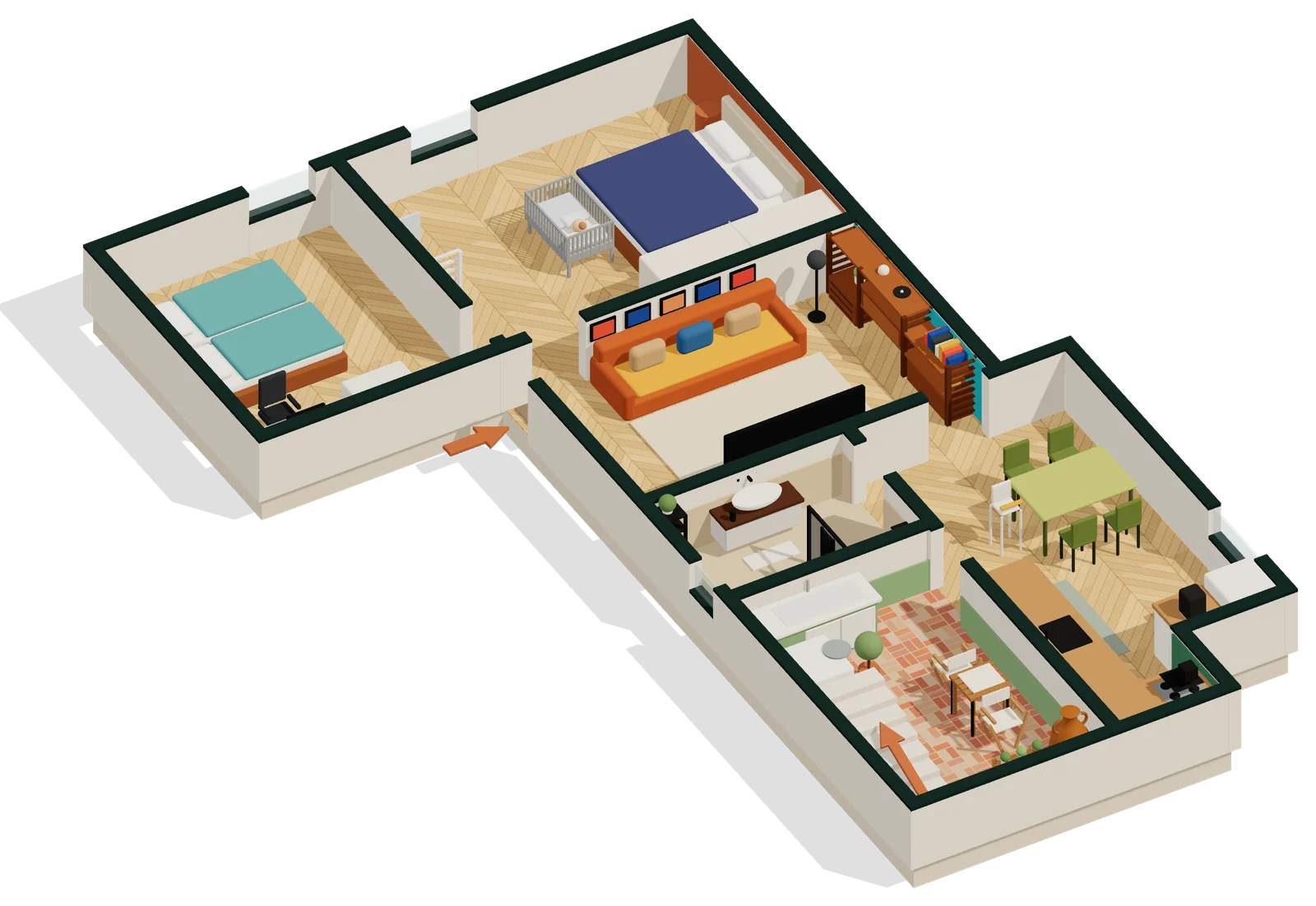3D-Grundriss der Ferienwohnung BDS House in Brindisi: Küche, Wohnzimmer, Doppelzimmer, Zweibettzimmer, Bad und Terrasse